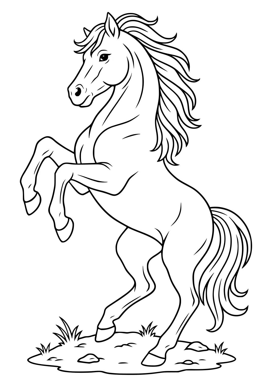 Horse rearing on hind legs with flowing mane and tail on patch of grass and rocks.