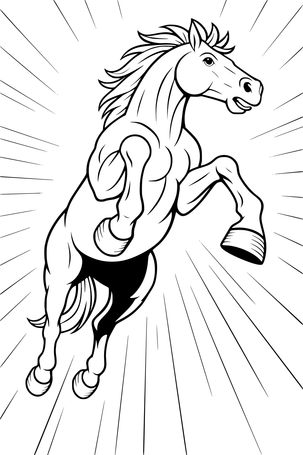 Horse rearing on hind legs with flowing mane and speed lines in background.