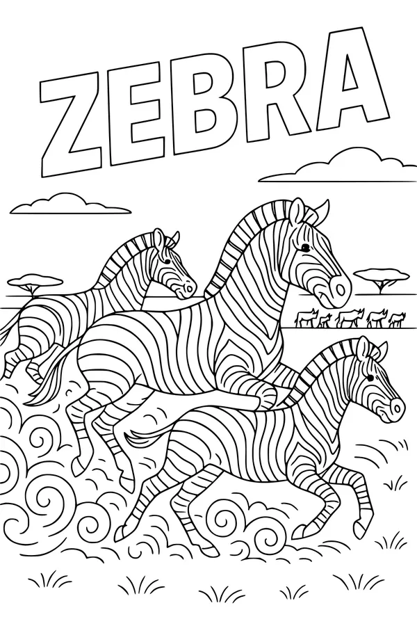 Free Zebra Coloring Page - Galloping Herd on the Savanna (Printable PDF)