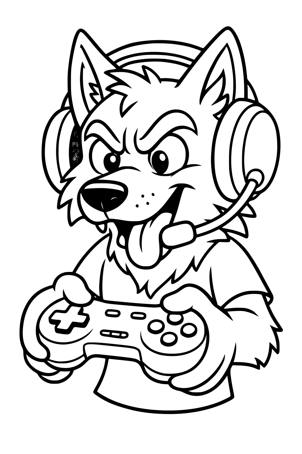 Cartoon wolf wearing a gaming headset and T-shirt, tongue out, holding a video game controller with D-pad and buttons.