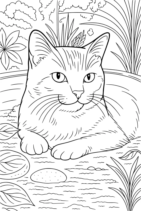 Free Cat Coloring Page - Domestic Cat Resting in Sunny Garden (Printable PDF)