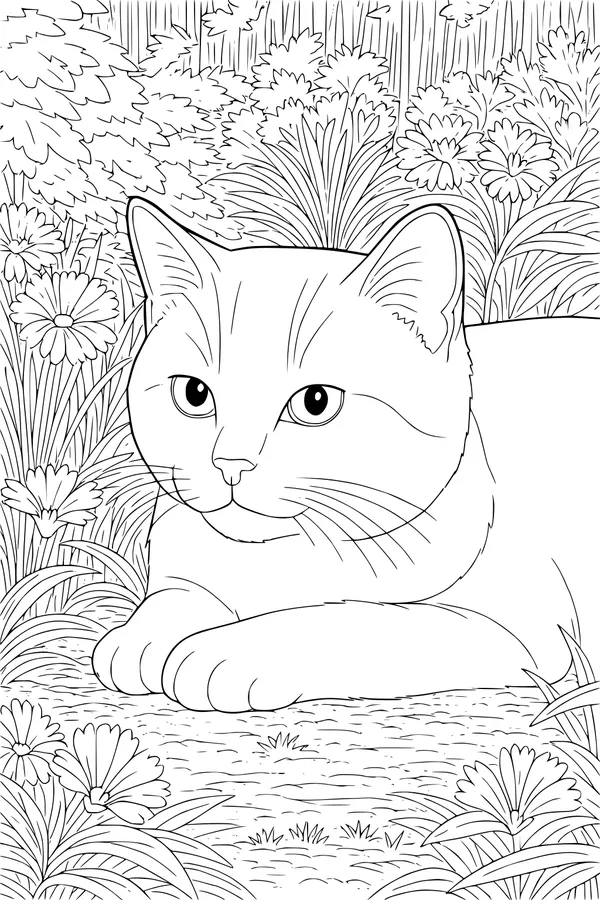 Free Cat Coloring Page - Domestic Cat in Flower Garden (Printable PDF)