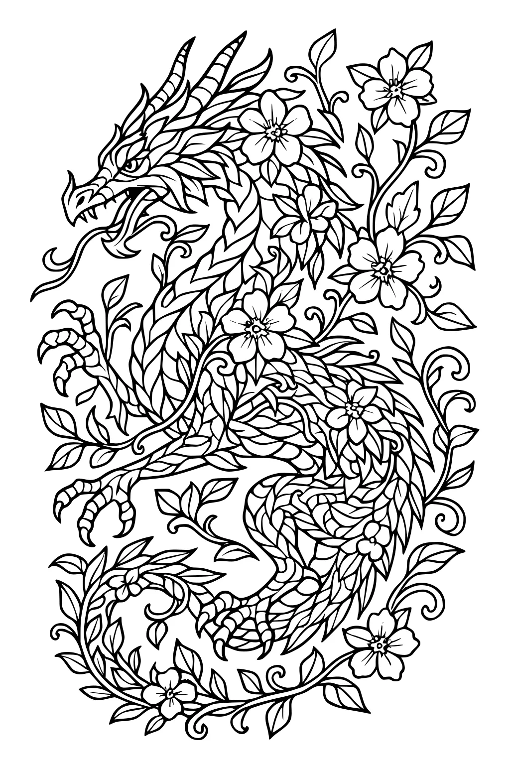 Dragon with leaf-shaped scales, curved horns, open mouth, and claws, wrapped in blooming flowers and swirling vines.