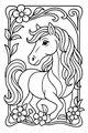 Free Horse Coloring Page - Cartoon Pony With Flowing Mane and Spring Flowers (Printable PDF)