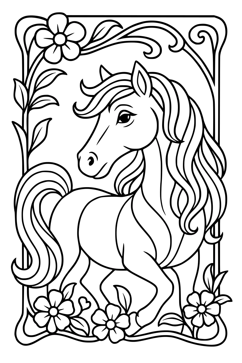 Cartoon horse with flowing mane surrounded by big flowers and swirly frame lines.