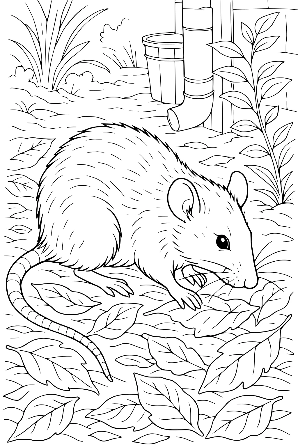 Furry rat with round ears and long tail among leaves and plants near pipes outside a building.
