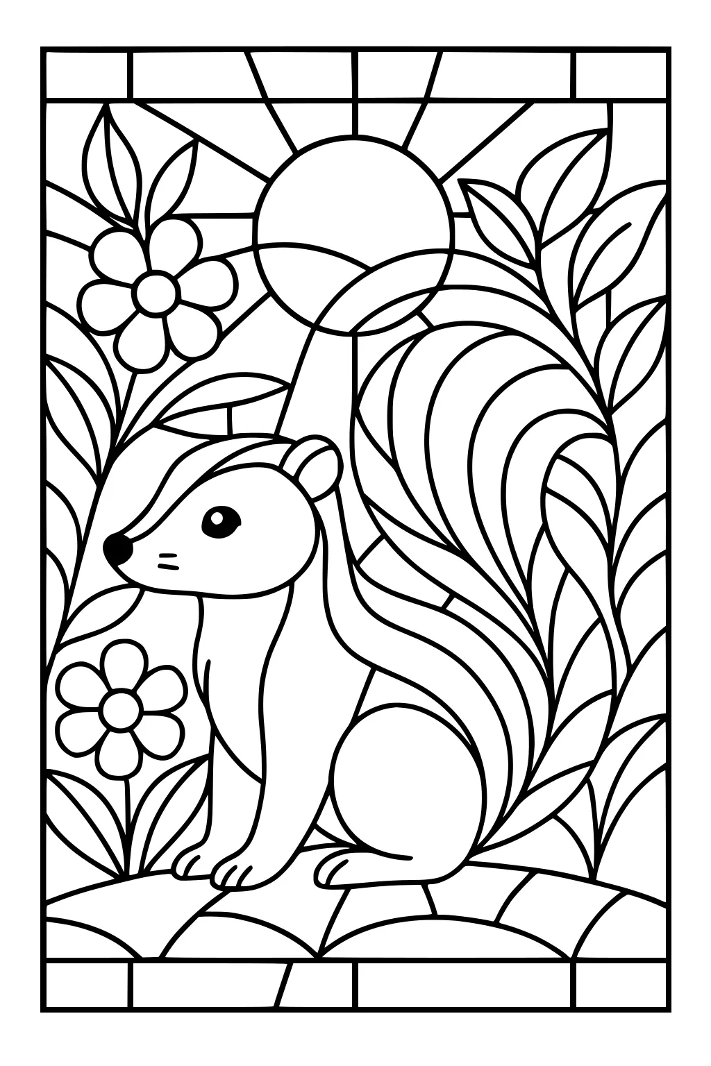 Skunk with fluffy tail sitting in grass, flowers and leaves around, sun rising in background, stained glass style lines.