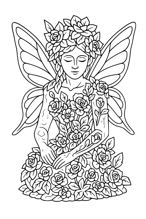 Free Fairy Coloring Page - Garden Wings at Rest (Printable PDF)