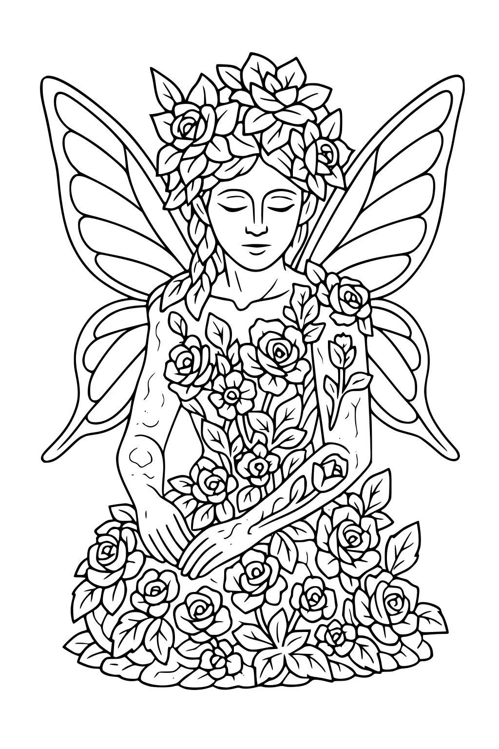 Fairy girl with large wings and flower crown, hands folded on a dress of roses with many leaves and petals.