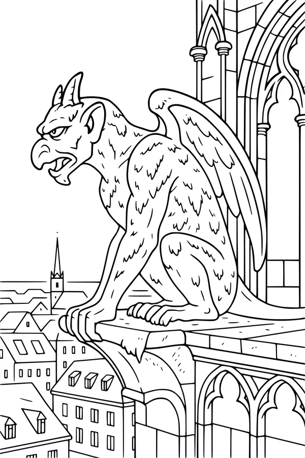 Free Gargoyle Coloring Page - Gothic Rooftop Guardian at Halloween (Printable PDF)