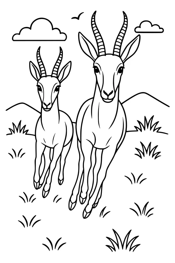 Free Gazelle Coloring Page - Leaping Gazelles in Sunny Grassland (Printable PDF)