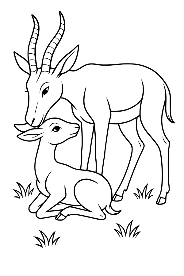 Free Gazelle Coloring Page - Mother Gazelle Nuzzling Baby in Grassland (Printable PDF)