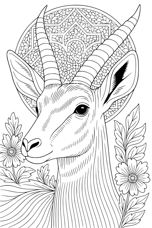 Free Gazelle Antelope Coloring Page - Floral Portrait With Striped Horns (Printable PDF)