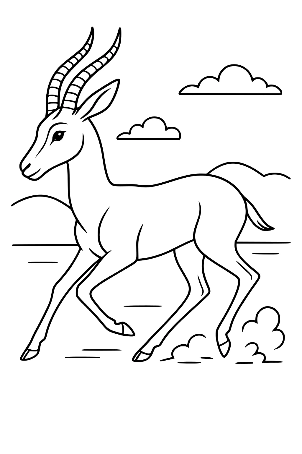 Running gazelle with long curved horns, clouds and hills in the background, simple line drawing.