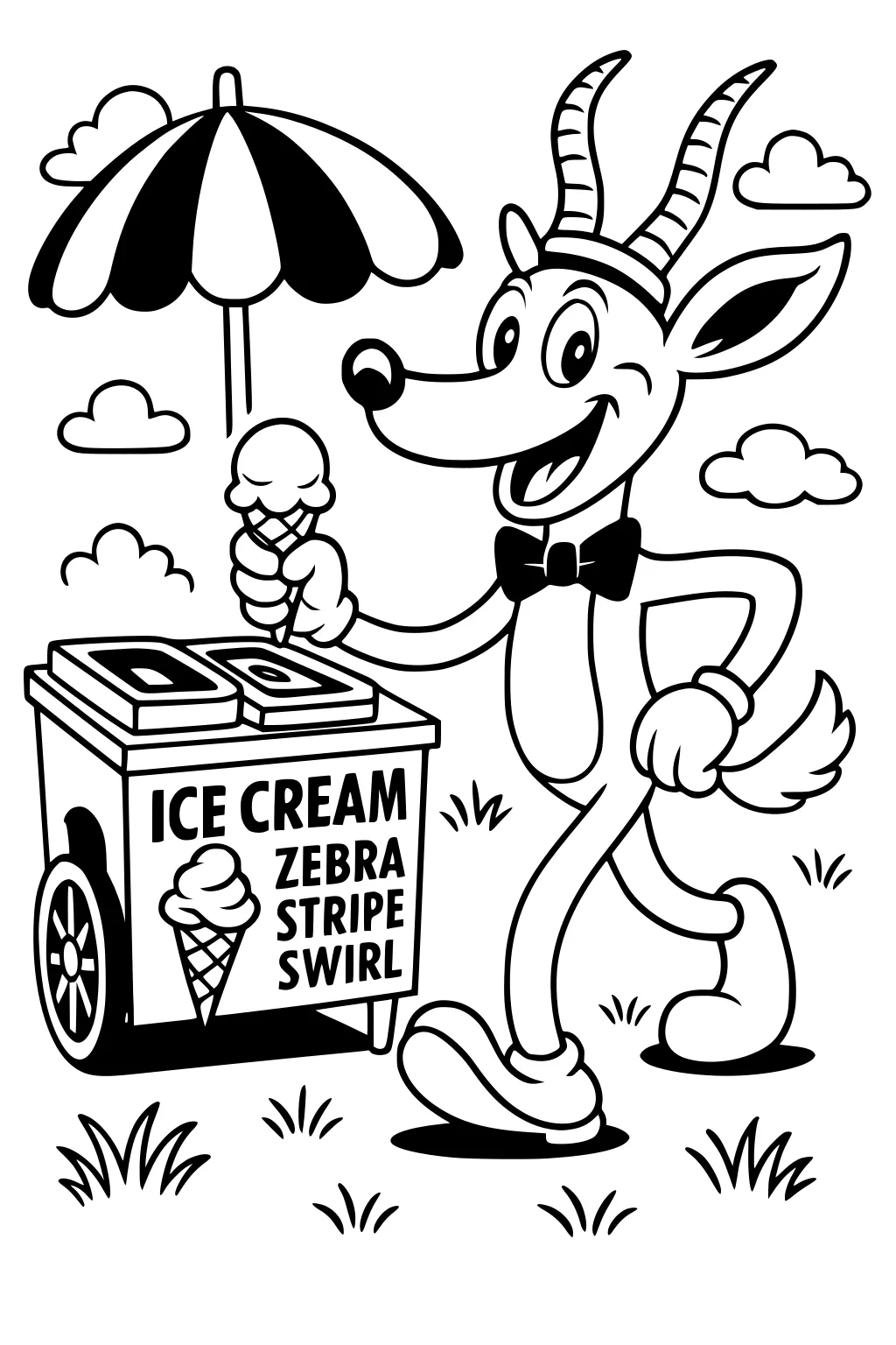 Cartoon gazelle boy with bow tie holding ice cream cone beside ice cream cart under a striped umbrella with clouds and grass.