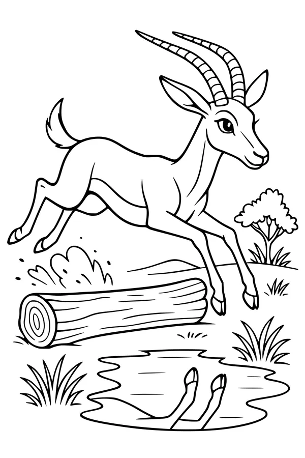 Free Gazelle Antelope Coloring Page - Spring Leap by the Pond (Printable PDF)