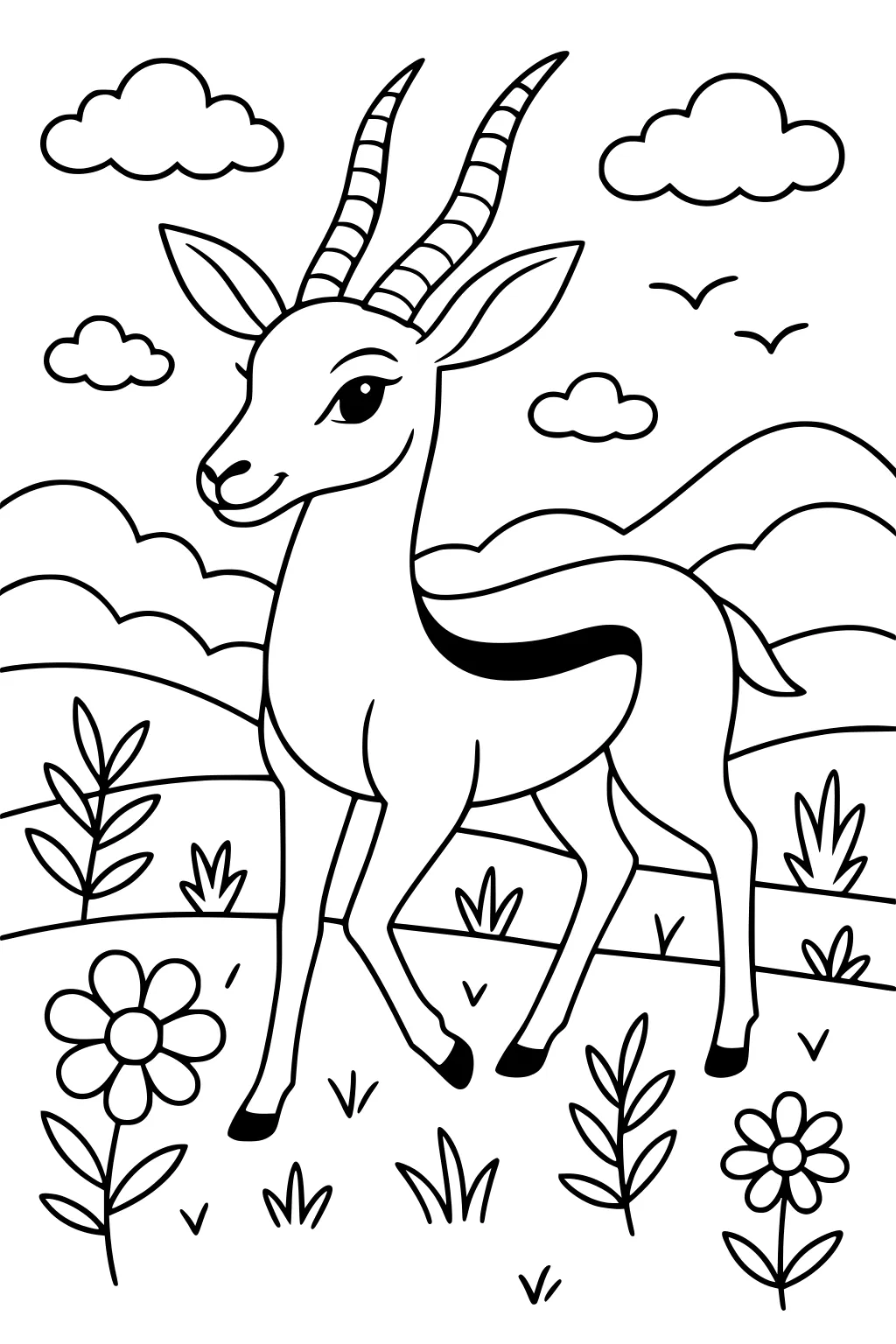 Gazelle with curved horns standing on grass with flowers, hills, clouds, and birds in the background.