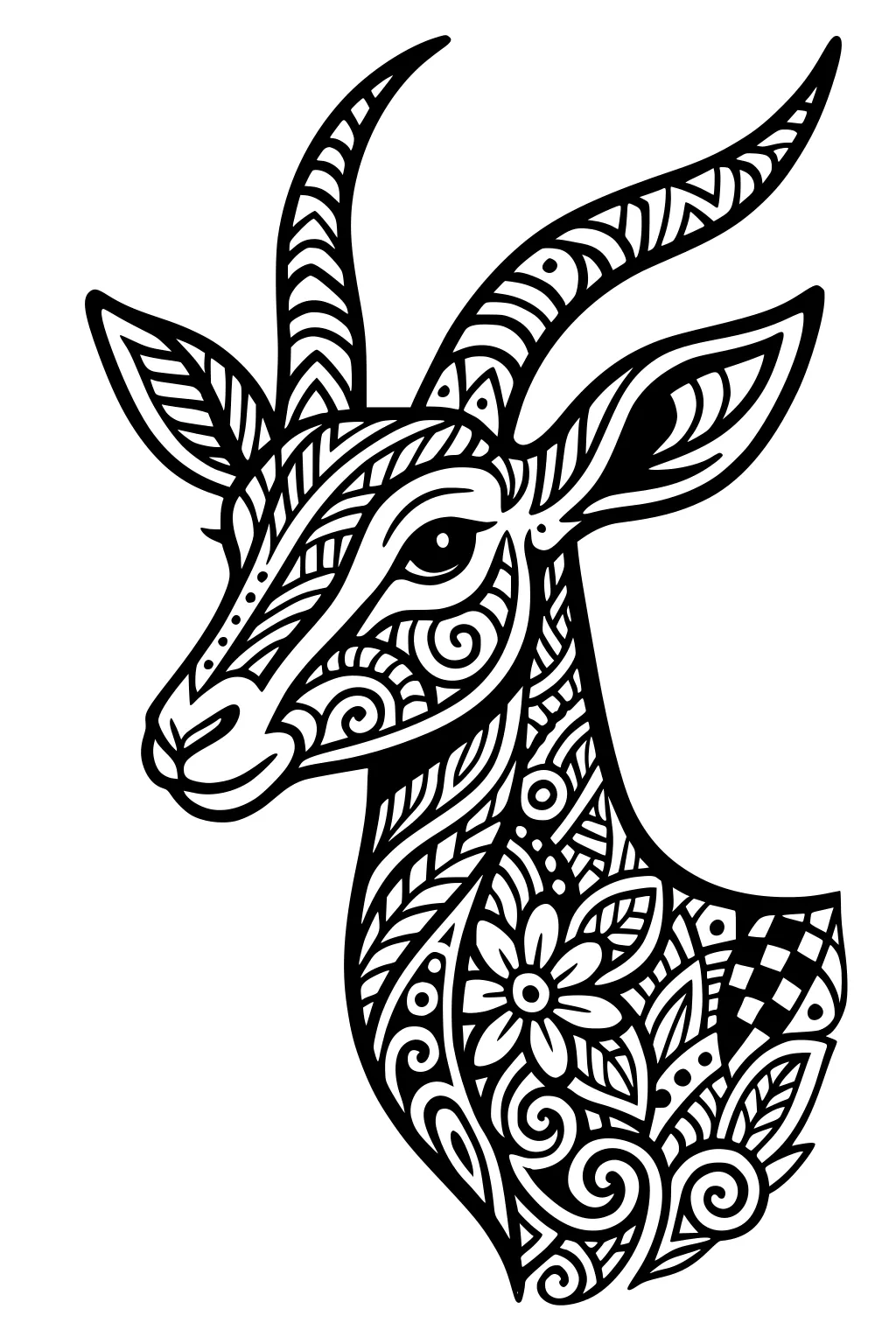 Gazelle head with swirling horns and neck filled with flowers, vines, dots, and patterned shapes.