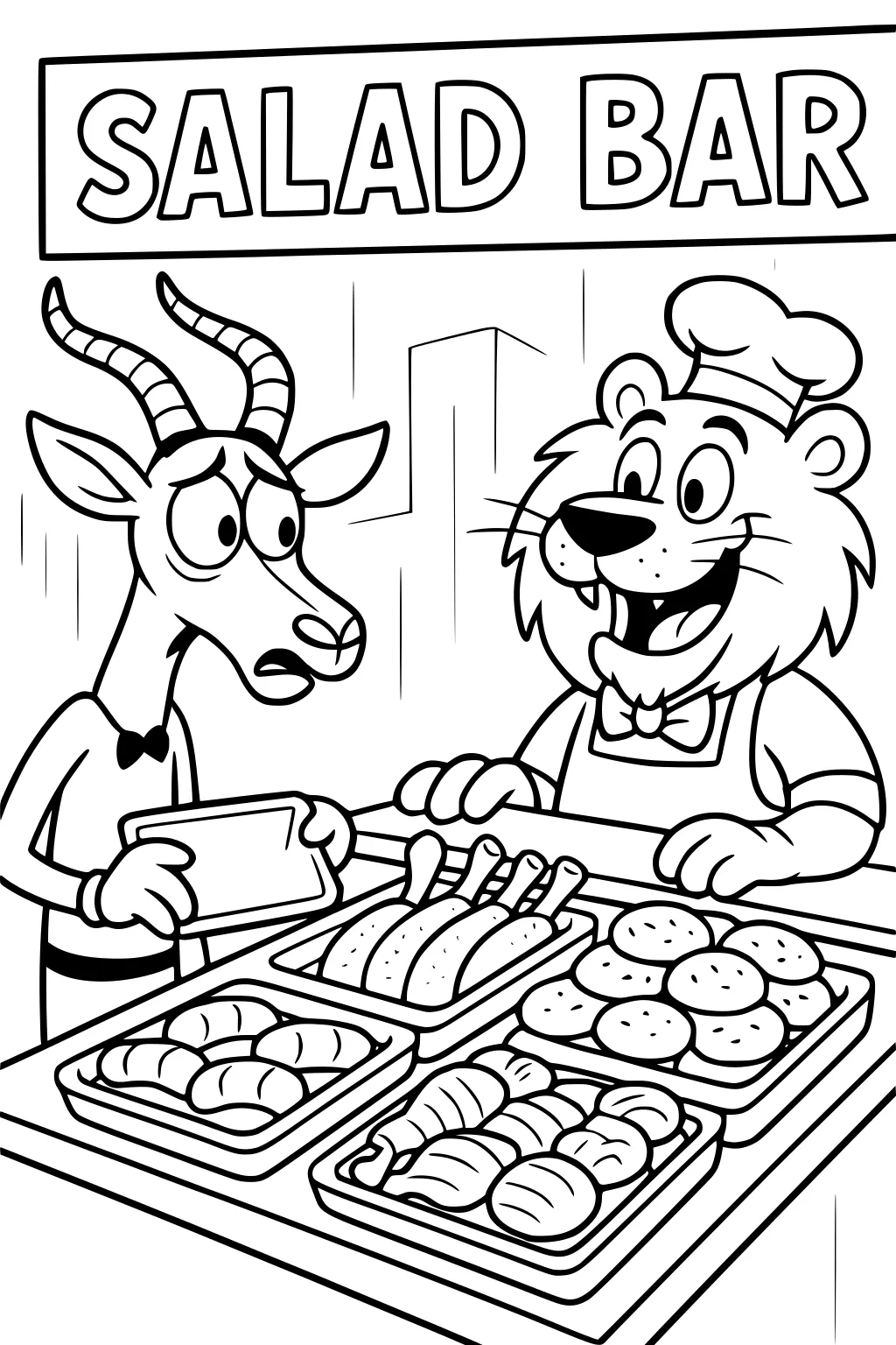 Gazelle holding a tray at a salad bar, looking anxious. Lion chef stands behind counter with food trays and a salad bar sign.