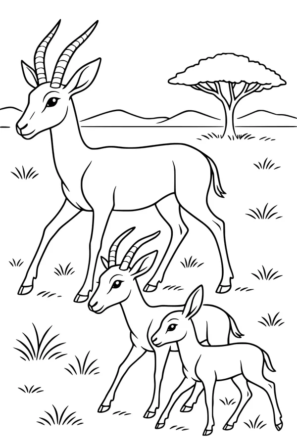 Free Gazelle Coloring Page - Family Walking in Sunny Grassland (Printable PDF)
