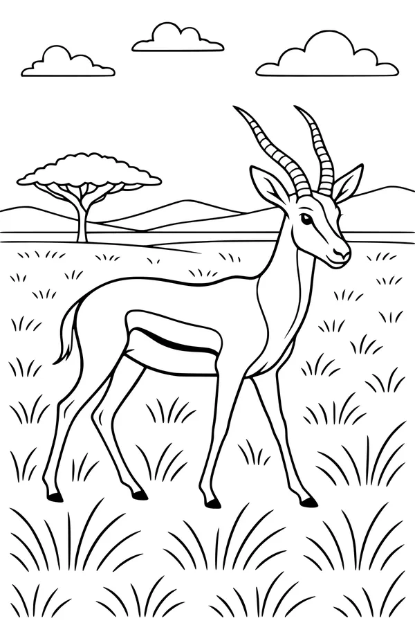 Free Gazelle Antelope Coloring Page - Tall Grass Savanna Scene (Printable PDF)