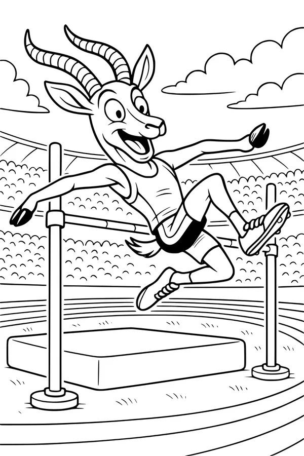 Free Gazelle Coloring Page - Cartoon High Jump Athlete (Printable PDF)