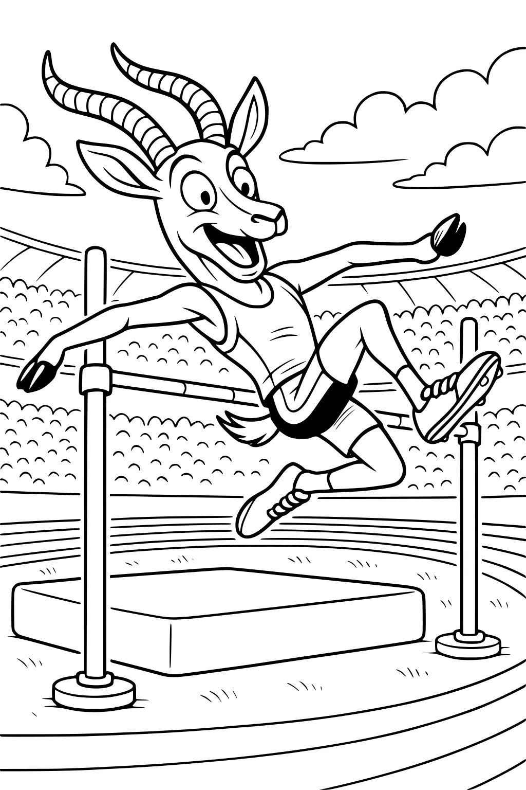 Cartoon gazelle wearing sports clothes jumping over a high bar in a stadium with a cheering crowd in the background.