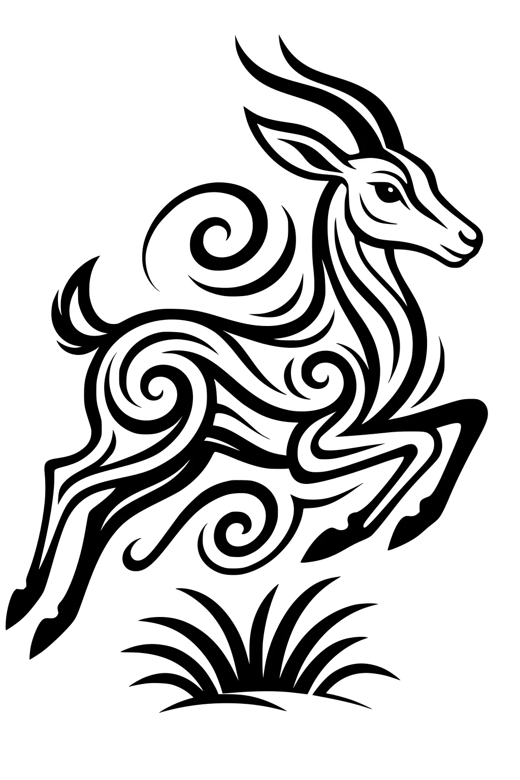 Stylized gazelle with swirling lines and long horns leaping above a spiky grass patch, outlined in black.