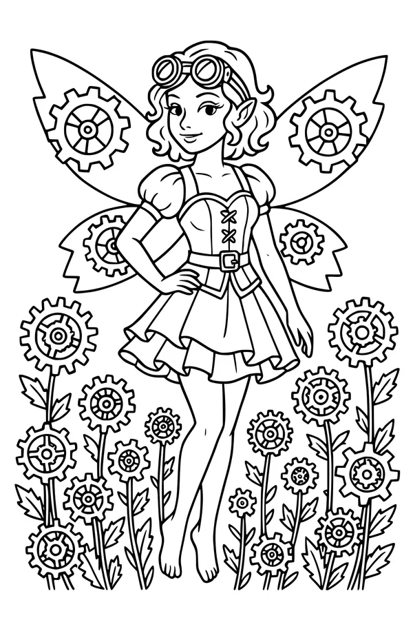 Free Steampunk Fairy Coloring Page - Gadget Wings in a Gear Garden (Printable PDF)