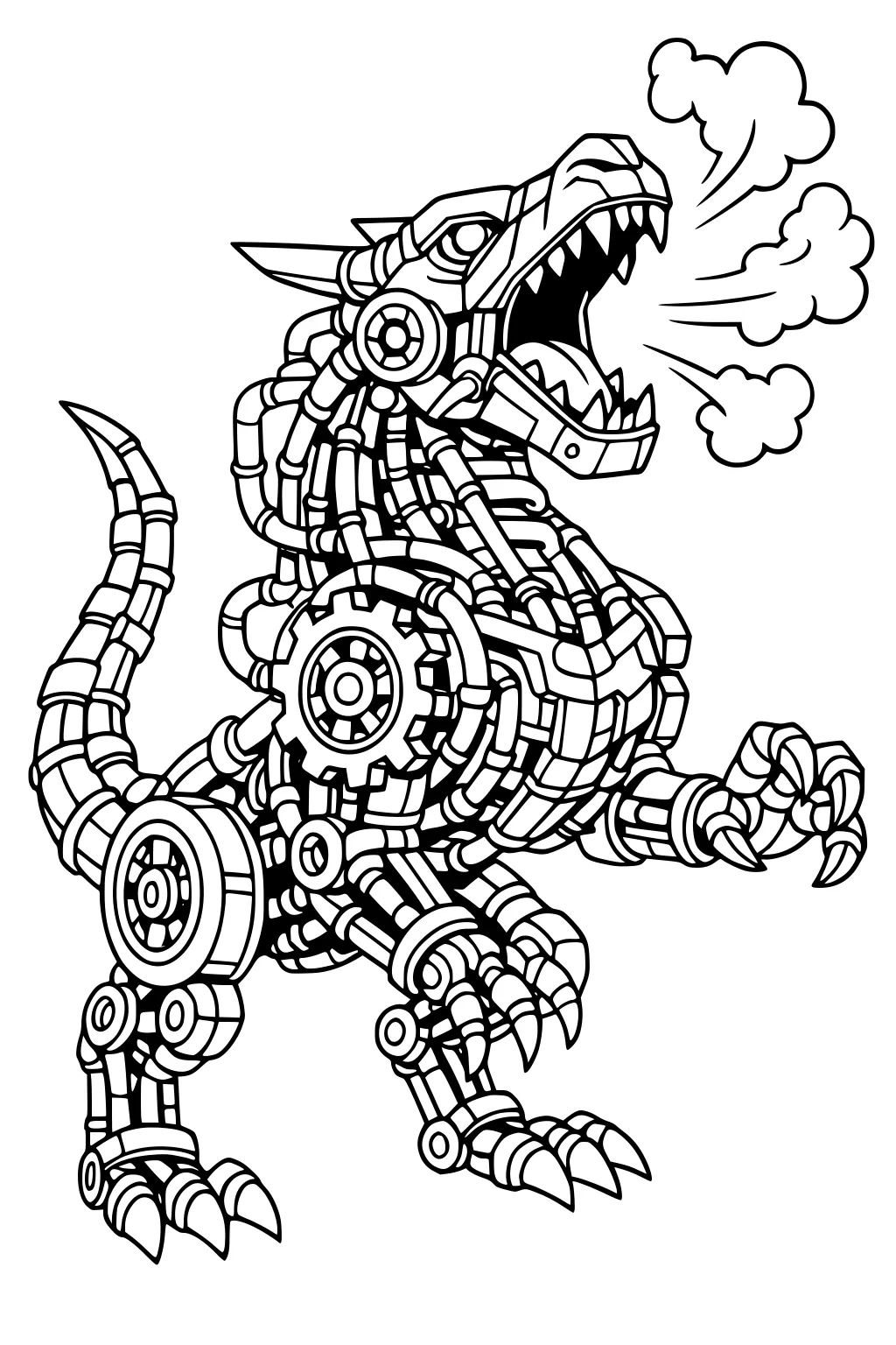 Mechanical dinosaur of gears and pipes roaring steam puffs, open jaws with sharp teeth, clawed feet, and a long segmented tail.