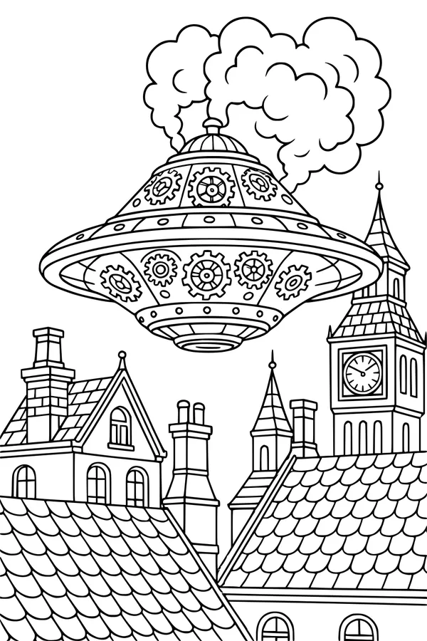 Free Steampunk UFO Coloring Page - Gear Saucer Over City Clocktower (Printable PDF)