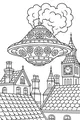 Free Steampunk UFO Coloring Page - Gear Saucer Over City Clocktower (Printable PDF)