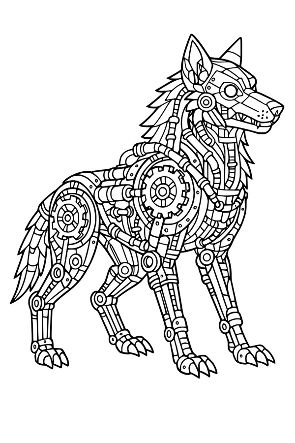 Free Wolf Coloring Page - Robotic Gearheart Wolf Side View (Printable PDF)
