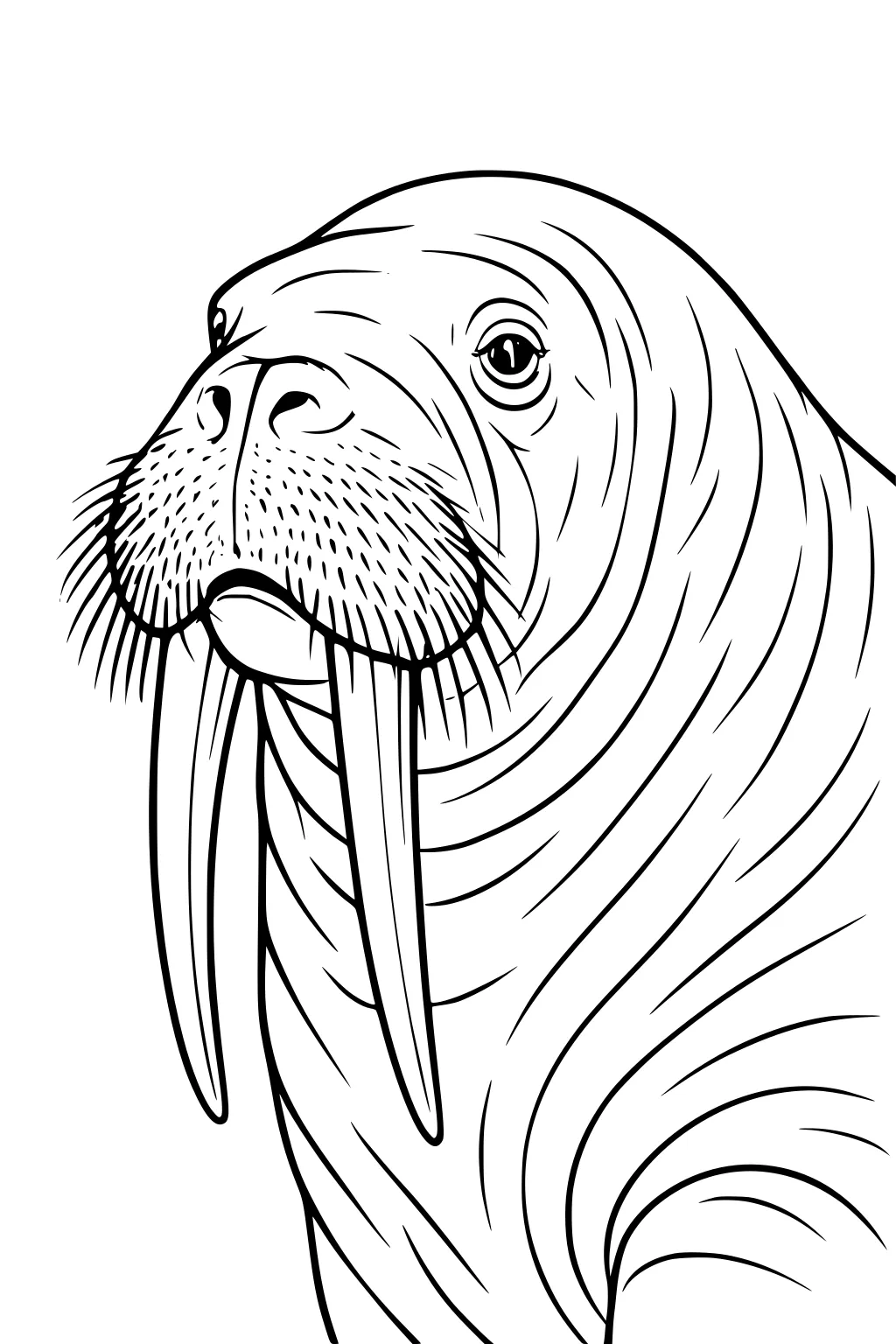 Smiling walrus with long tusks, wrinkled skin, and a bushy mustache looking ahead.