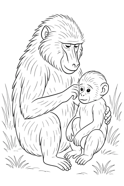 Free Baboon Coloring Page - Mother Baboon Grooming Her Baby (Printable PDF)