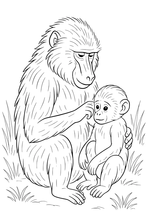 Free Baboon Coloring Page - Mother Baboon Grooming Her Baby (Printable PDF)