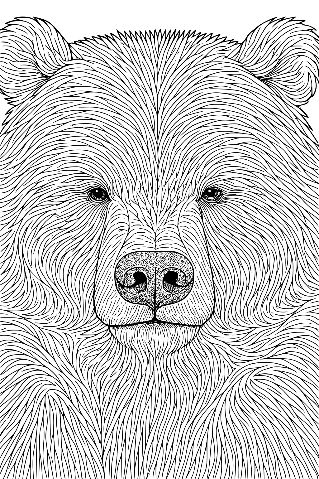 Detailed bear face with thick fur, large black nose, round ears, and bright eyes. No background, just the bear’s head.