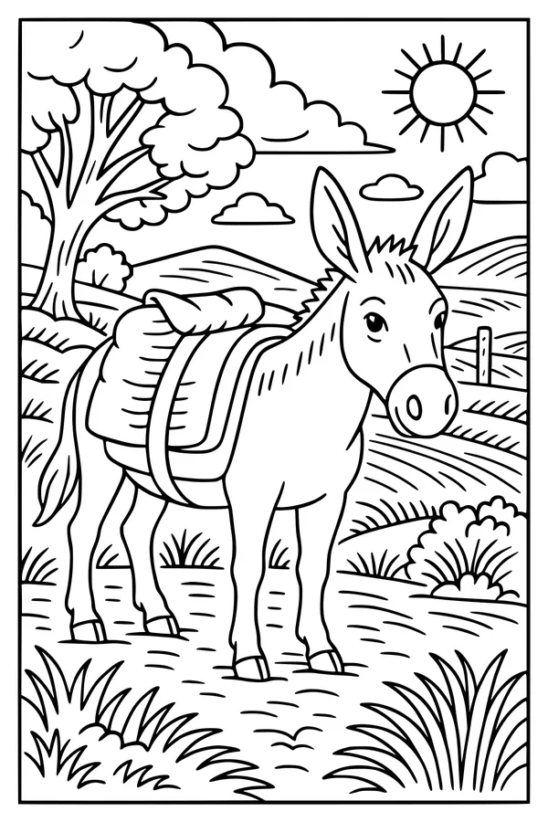 Free Donkey Coloring Page - Saddled Donkey in Sunny Meadow (Printable PDF)