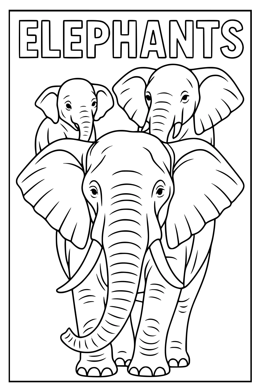 Three elephants close together, two smaller ones behind a larger elephant, with the word elephants above them.
