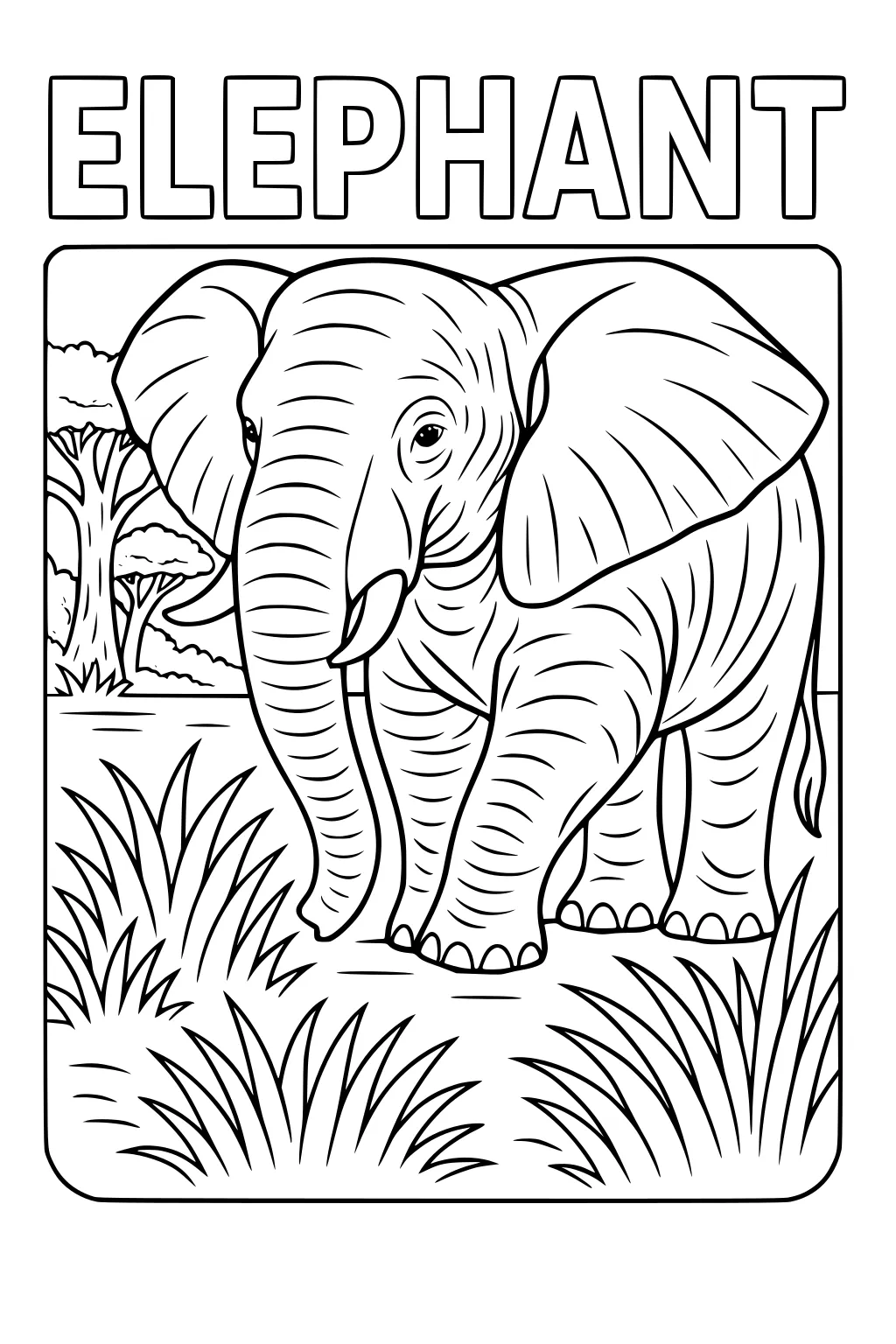 Large elephant with big ears and long trunk walking on grass, with trees and bushes in the background.