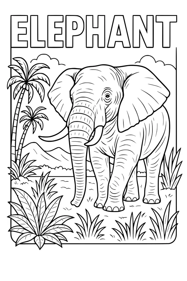 Free Elephant Coloring Page - Big Elephant In Jungle Valley (Printable PDF)