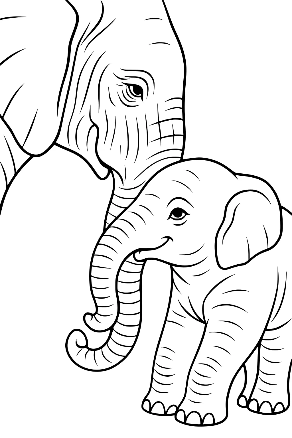 Mother elephant and baby elephant side by side, both with wrinkled skin, large ears, and touching trunks.