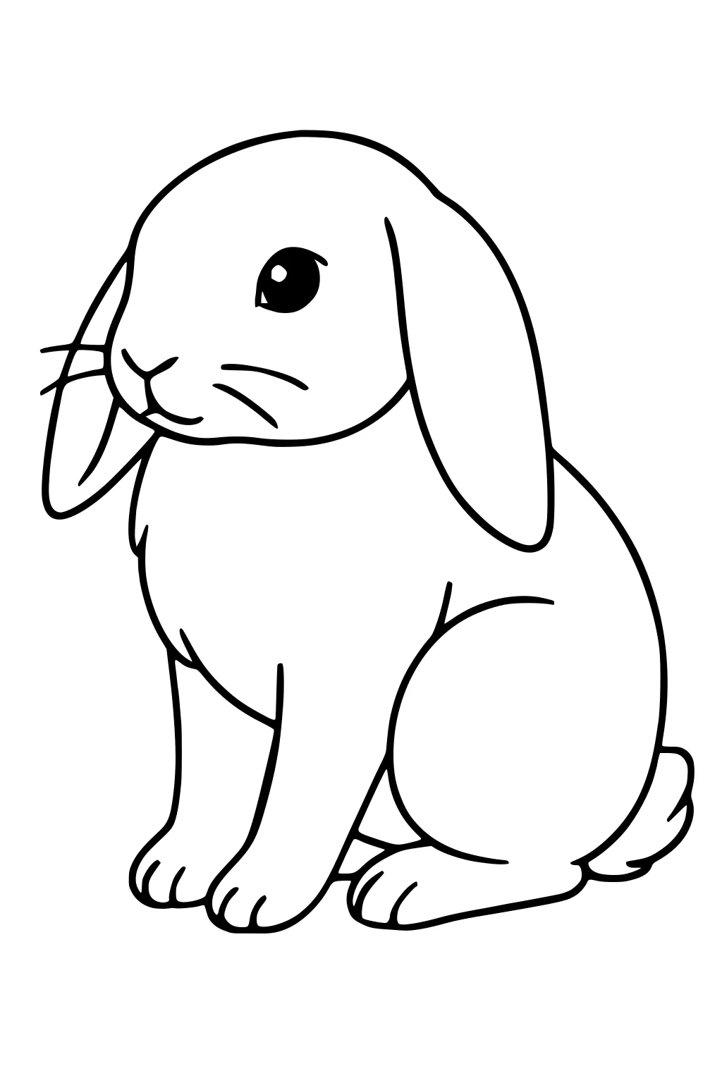 Line drawing of a floppy-eared rabbit sitting with front paws together and head turned to the side.