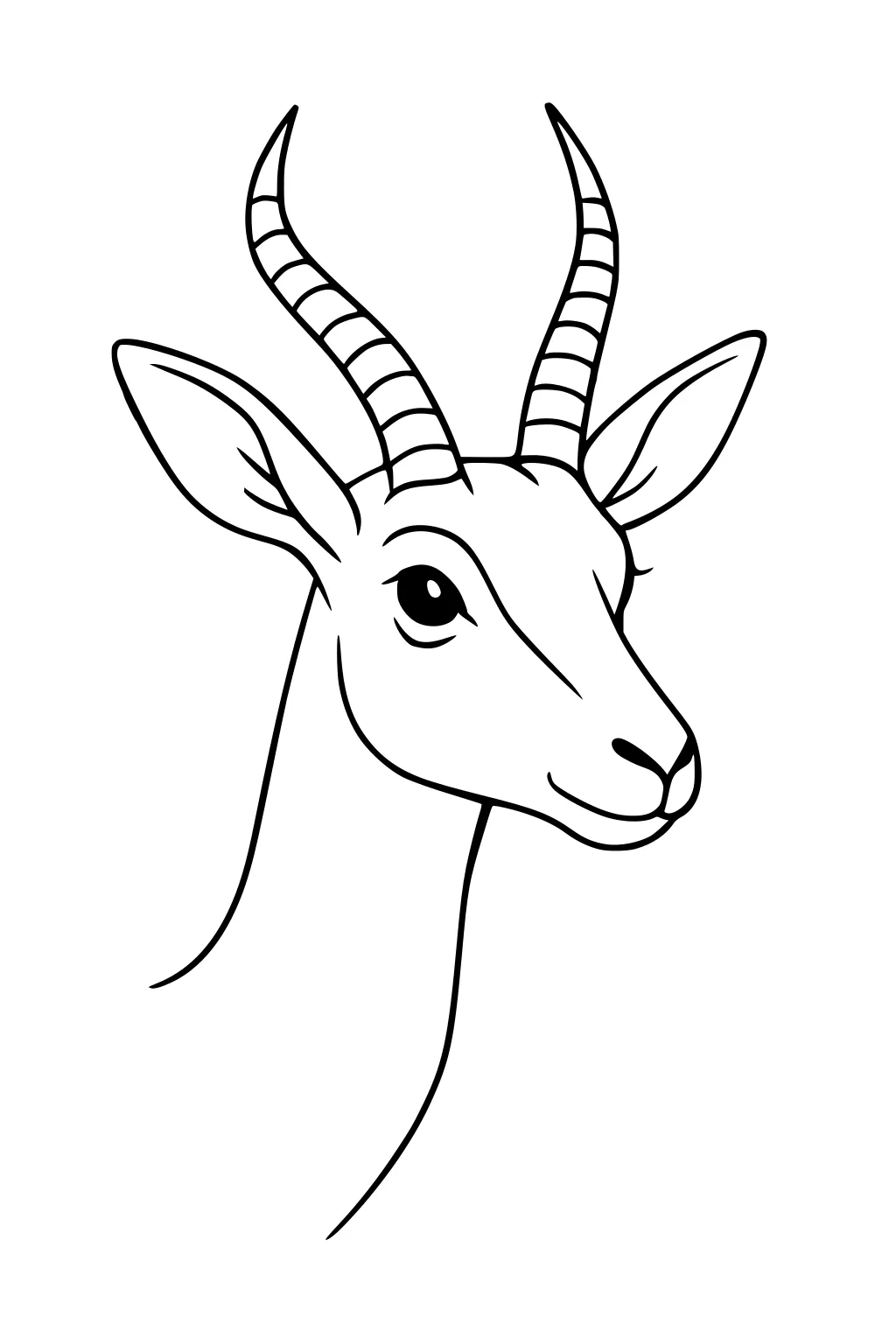 Outline drawing of a gazelle antelope's head, neck, curved striped horns, big ears, and gentle smile facing left.