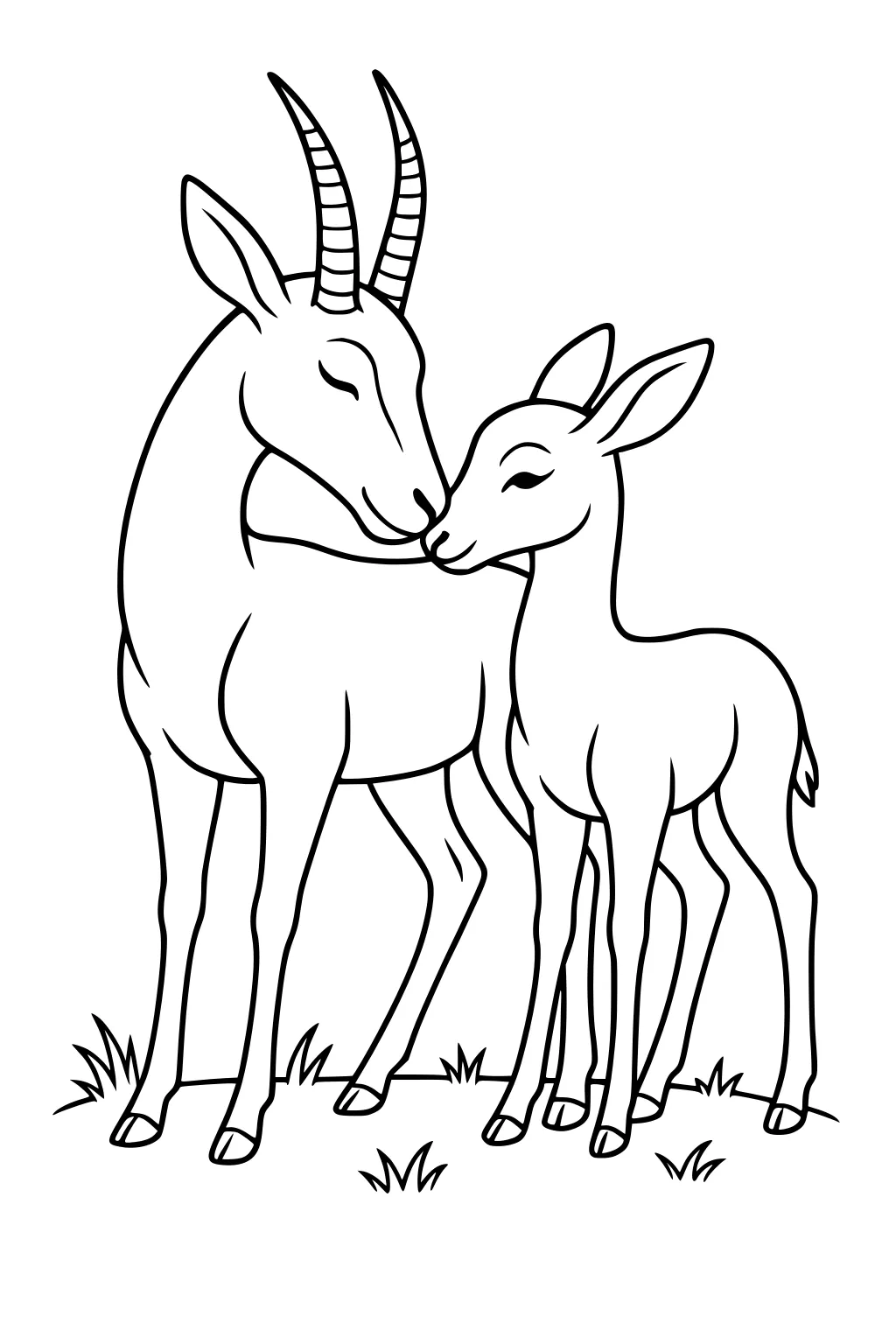 Mother gazelle with horns nuzzles young calf as they stand close on patchy grass.