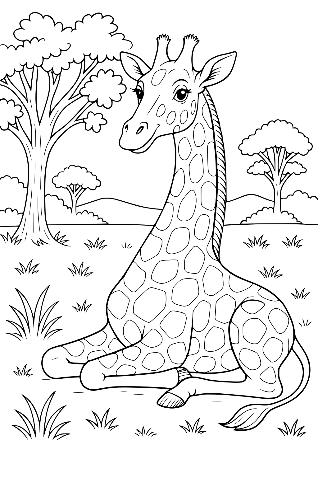 Giraffe sitting in grass with trees and hills in the background, large patterned spots on its body.