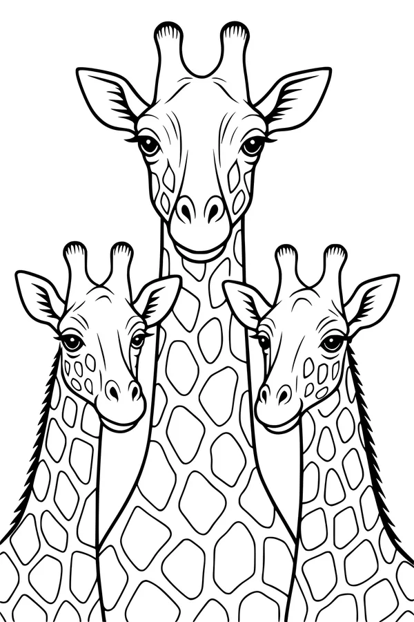 Free Giraffe Coloring Page - Three Friendly Giraffes in a Row (Printable PDF)