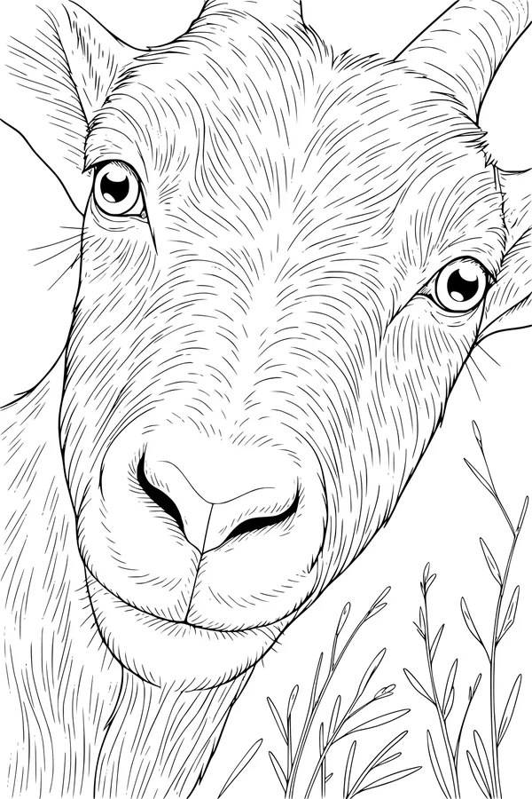 Free Goat Coloring Page - Silly Close-Up Face With Grass (Printable PDF)