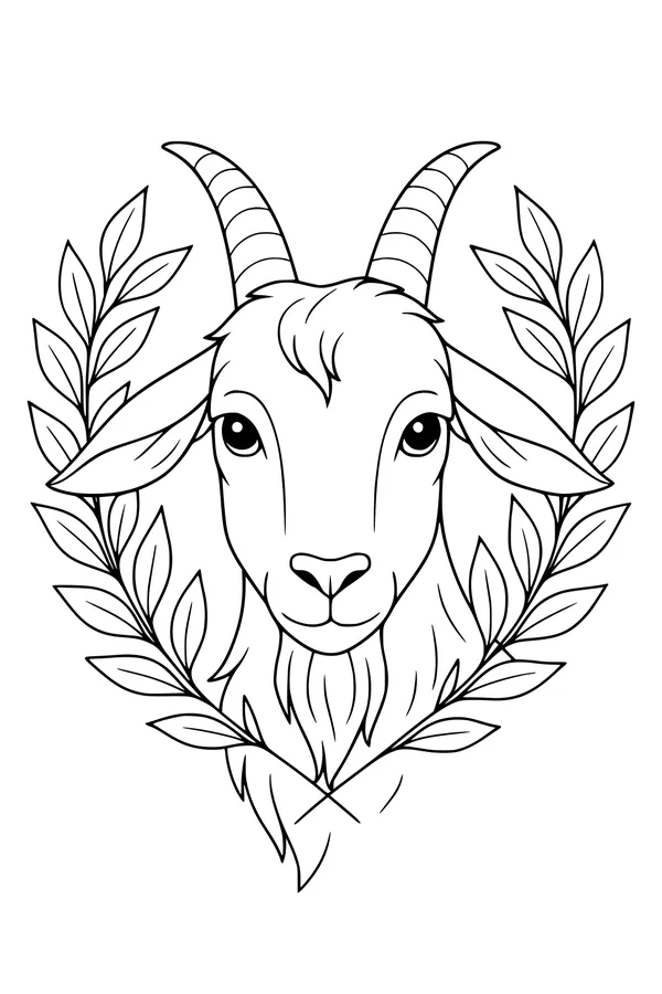 Free Goat Coloring Page - Gentle Goat in Leafy Wreath (Printable PDF)