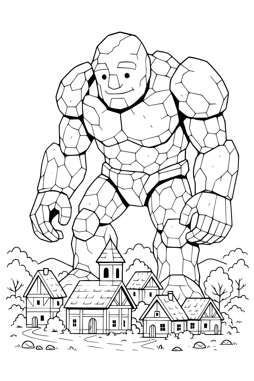 Smiling stone golem towers over a small village with peaked roofs and a church tower, surrounded by trees, bushes, and hills.